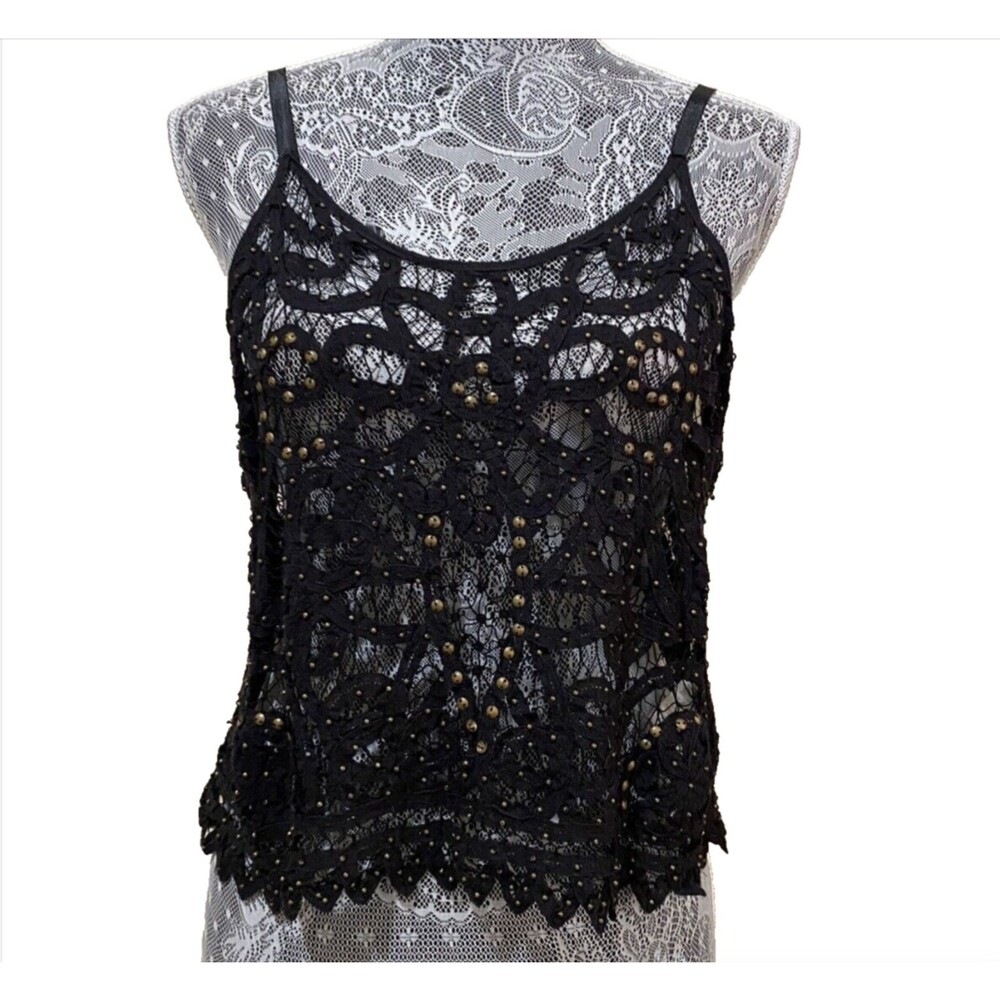 Free People Intimately Black Crochet Lace Cami Studded Tank Top Boho Festival S - Picture 2 of 15